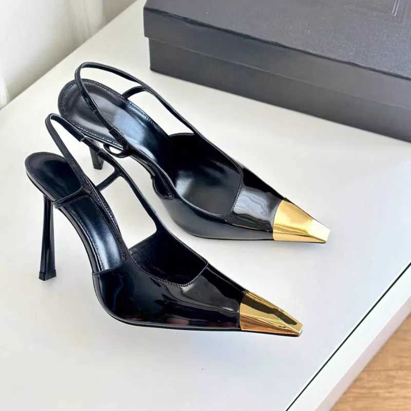 New Summer Womens High-heeled Sandals Gold Iron Head Patent Leather Black Stiletto Square Head Closed Toe Sling Back Shoes C260321