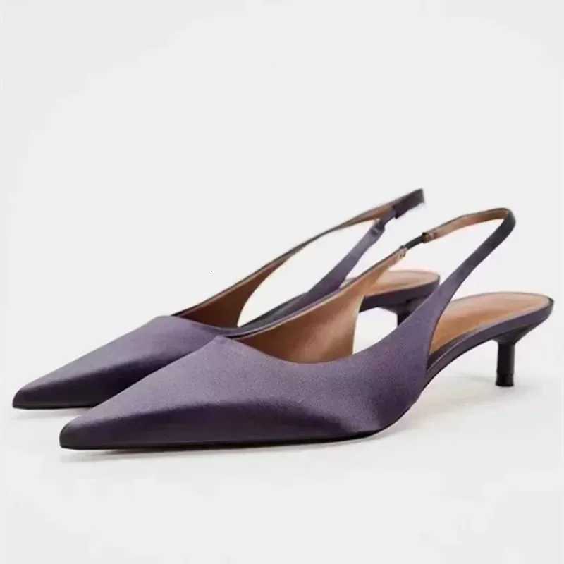 Elegant Purple Satin Low Heel Women Pumps Sexy Pointed Toe High Heels for Women Hollow Back Strap Mules Fashion Party Dress Shoe C260321