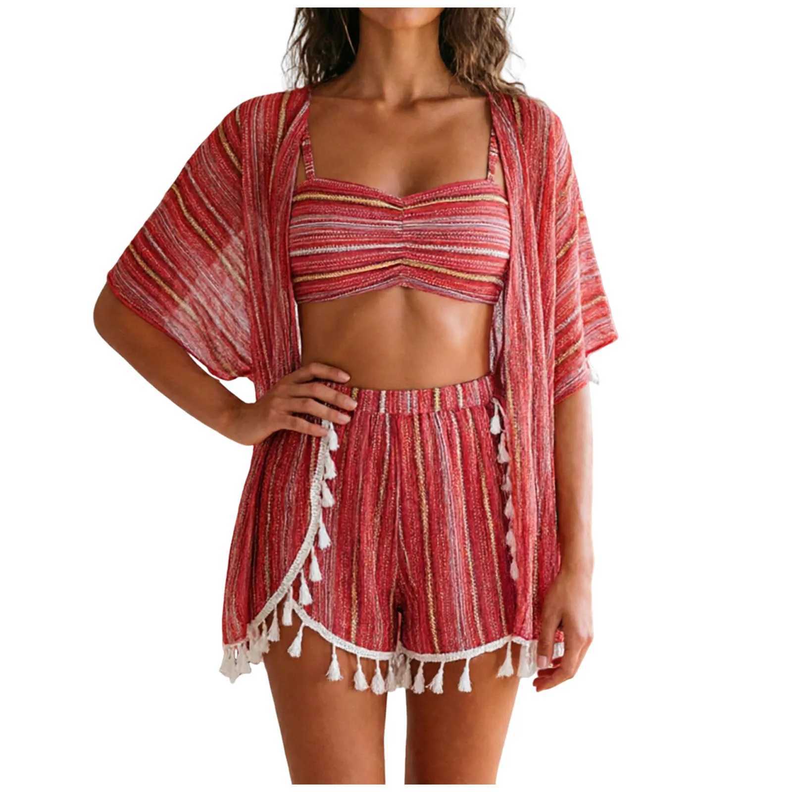 4 Piece Bikini Set 2026 Women Swimsuits Boho Tassels Sunscreen Blouse Cover Up Beach Shorts Bathing Suit Holiday Swimwear M260321