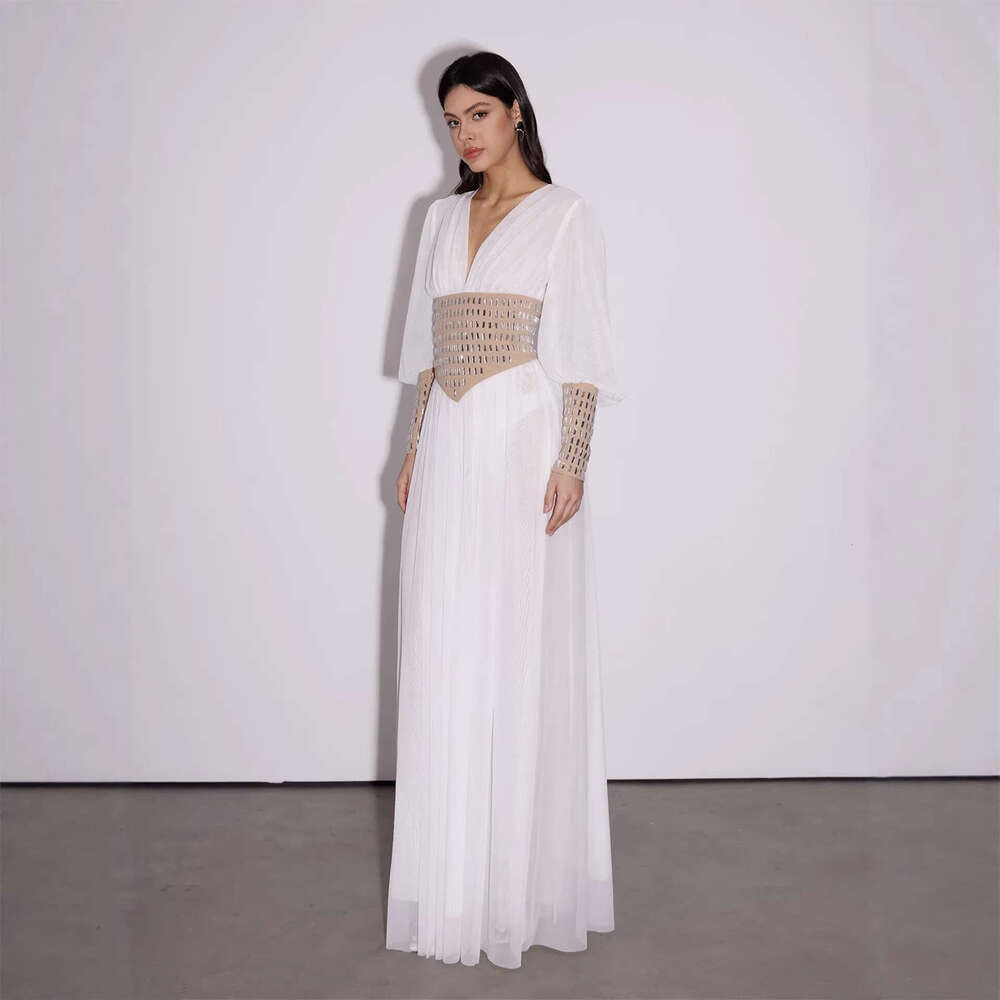 2026 Spring New Designer Bohemian A4 Style V-neck Hollow Lantern Sleeve Waist Fashion Long Dress