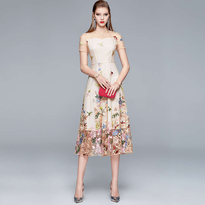 Women's mesh k30 embroidered flower 2026 summer new designer round neck slim fit waist tightening elegant fairy skirt