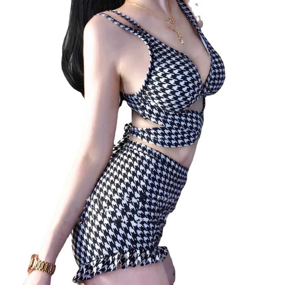 Plaid Swimwear Ladies Korea 2023 New Star Same Swim Bikini Hollow Out Cross Straps Sexy Bikini Swimsuit Women Sexy Bikinis Suit M260321