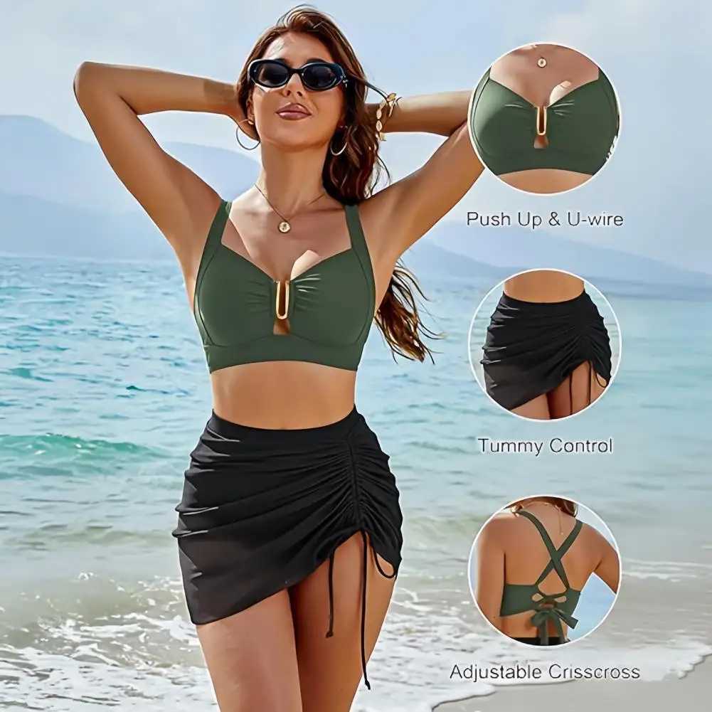 Women Two Piece Bikini Set U-wire Push-up Top Drawstring Tummy Control Swimsuit Summer Beach Pool Women Bathing Suit Swimwear M260321