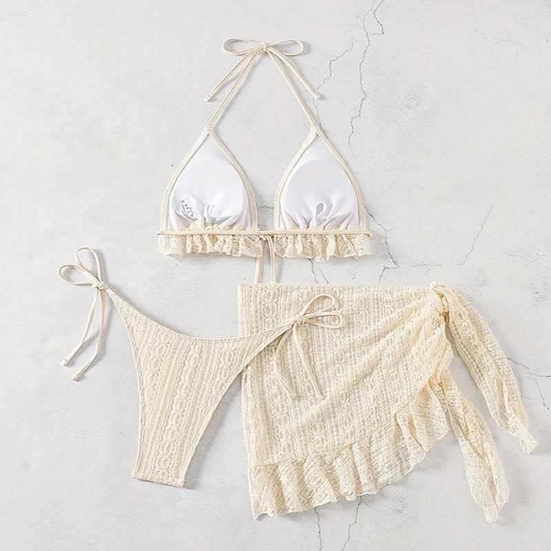 European and American new mesh solid color sexy bikini three-piece swimsuit womens beach skirt smock swimsuit M260321