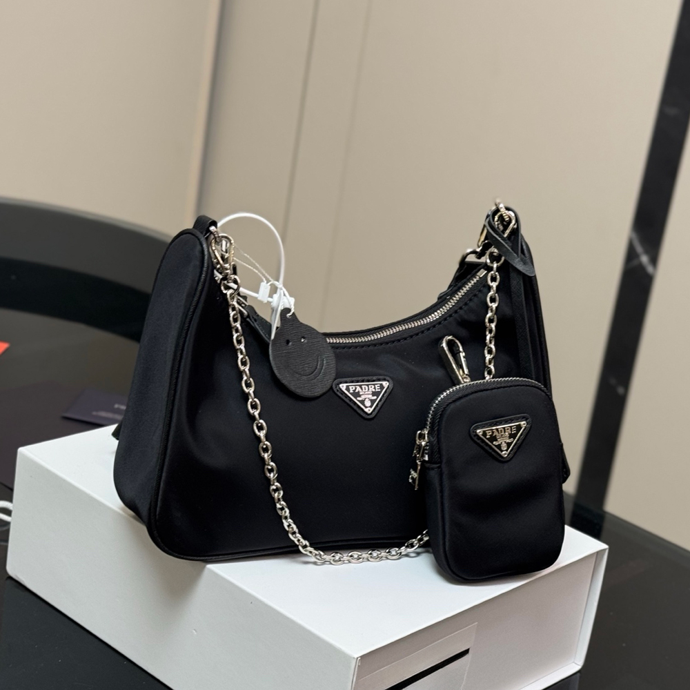 Designer bag shoulder bag nylon three in one armpit bag women classic combination bag luxury chain diagonal cross bag mini black belt box small wallet6666
