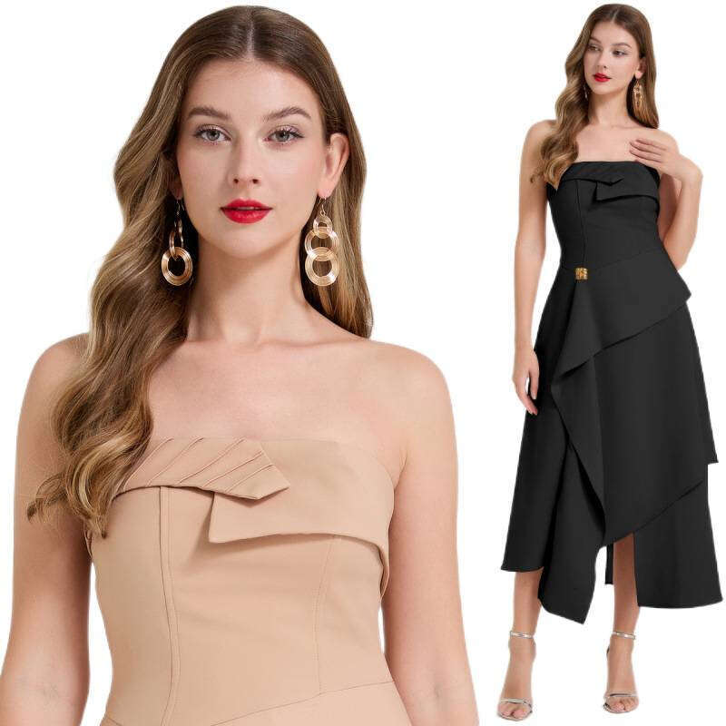 A niche designer dress B15 that is lightweight, luxurious, and high-end with a hidden asymmetrical abdomen and strapless evening gown