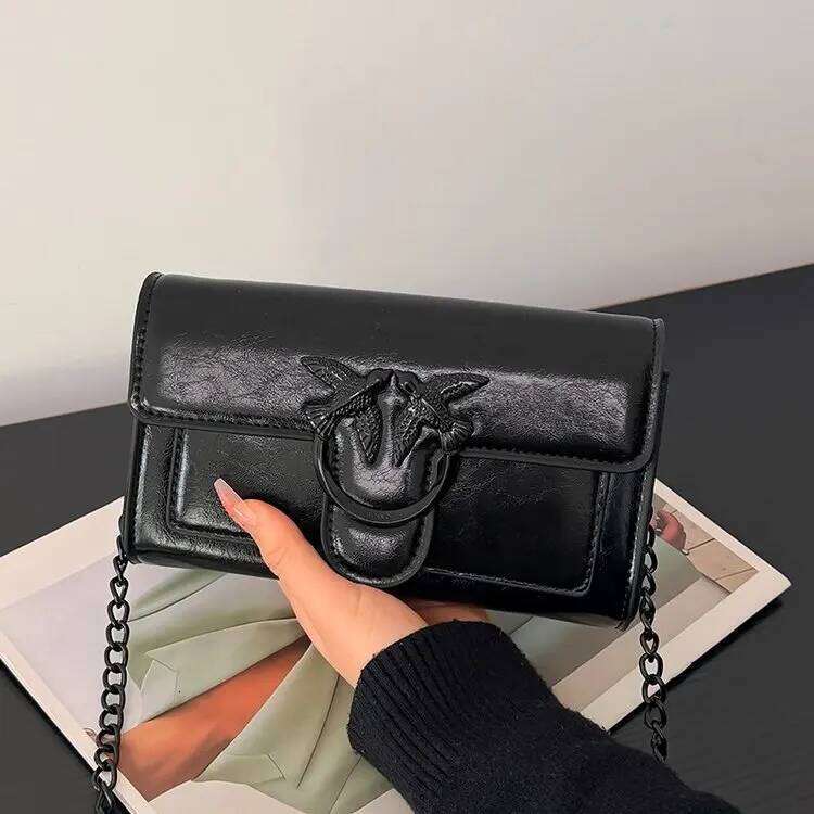 2026 New Women Swallow Design Oiled Leather Phone Crossbody Bag, Chain Strap Small Square Shoulder Purse, Vintage Chic