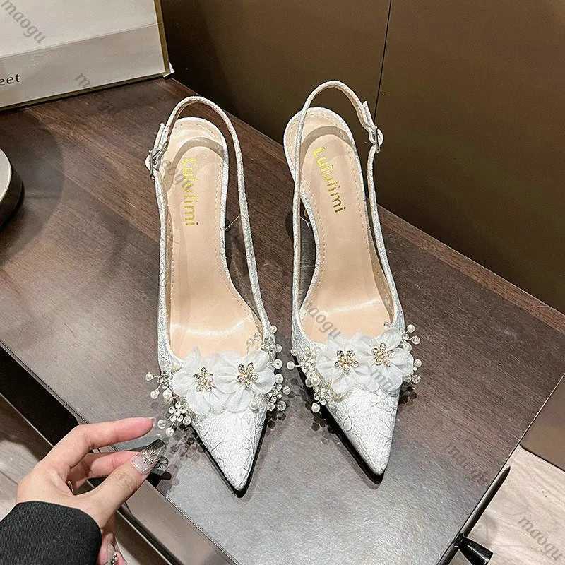 French Bride Gold Wedding Shoes for women Thin Heel Pointed Shallow Mouth Flower Rhinodrill High Heels Bao Head Fashion Sandals C260321
