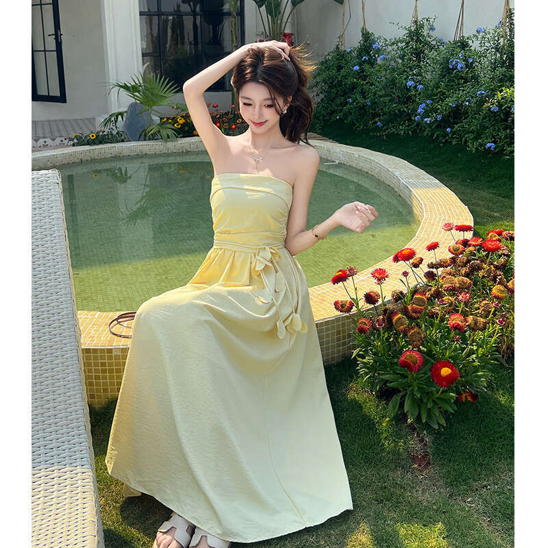 2026 A13 new designer French elegant waistband design slim fit niche long holiday style strapless dress