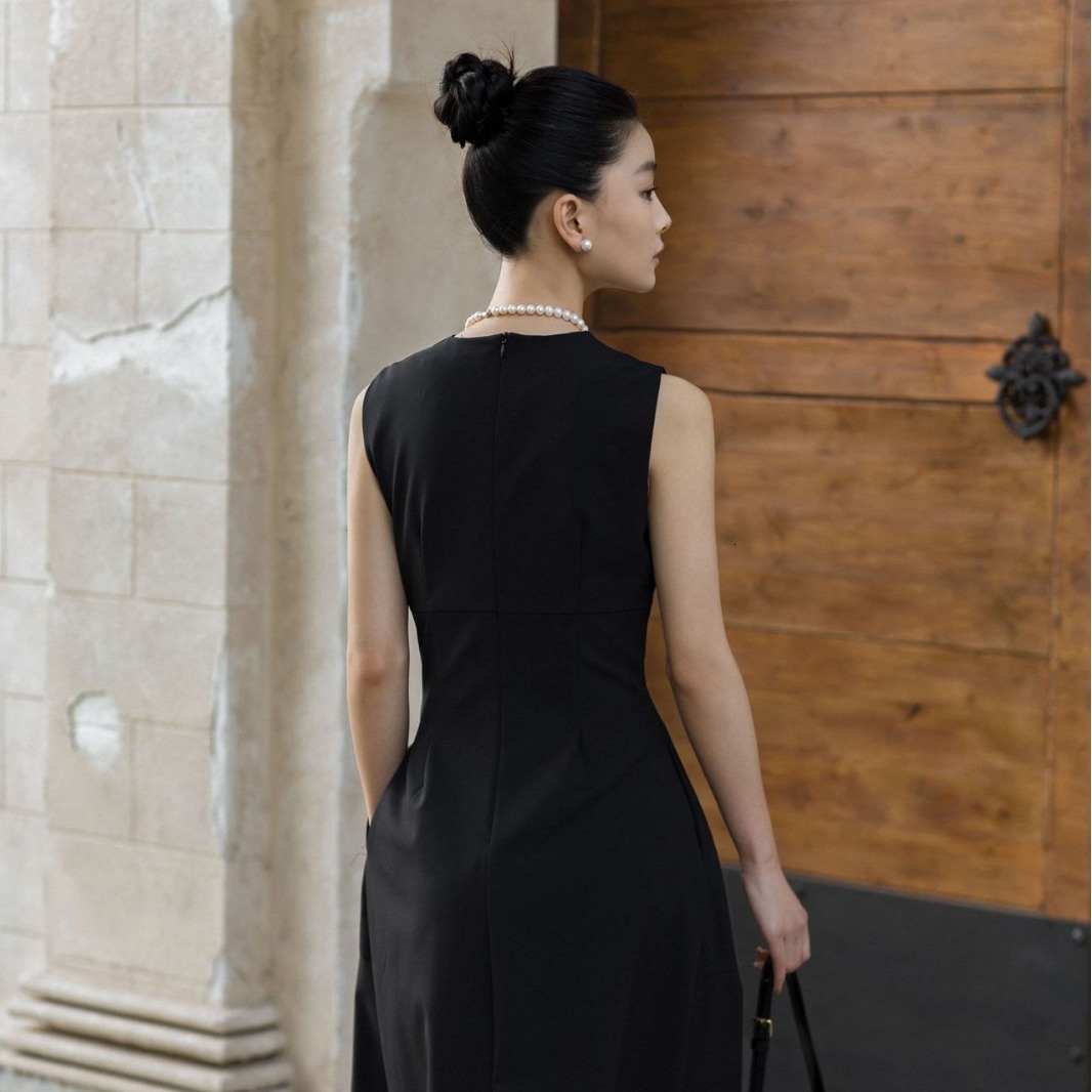 Spring New French Style Elegant Sleeveless Dress For Designer Dress Women Hepburn Style Waist-cinching A-line Dress