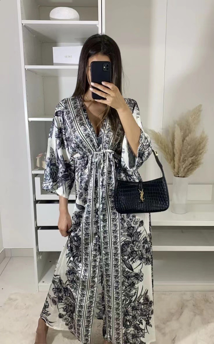 Bohemian Style Floral Print Dress For Women Summer Single Breasted V-neck Party Dress Spring Long Sleeve Holiday Mini Dress 240810