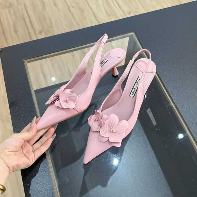Pink Fashion Sexy Flower Female Pointed Toe Thin Low Heel Pumps Women Elegant Wedding Slingbacks Mules Ladies Heeled Shoes C260321