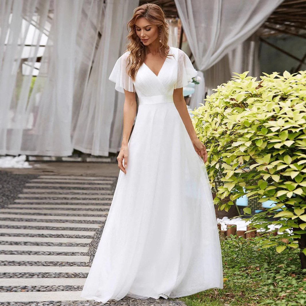 European And American Foreign Trade Women's V-neck Bridesmaid Evening Dress Mesh Designer Dress Elegant Style Dress With Ruffled Sleeves Long Dress