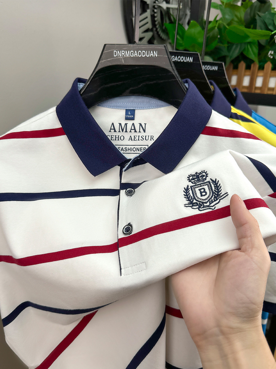 Luxury Brand Designer Men Clothing 2026 Summer Casual Striped Turn-down Collar T-shirt Breathable Short Sleeve Plus Size for Young and Middle-aged Men