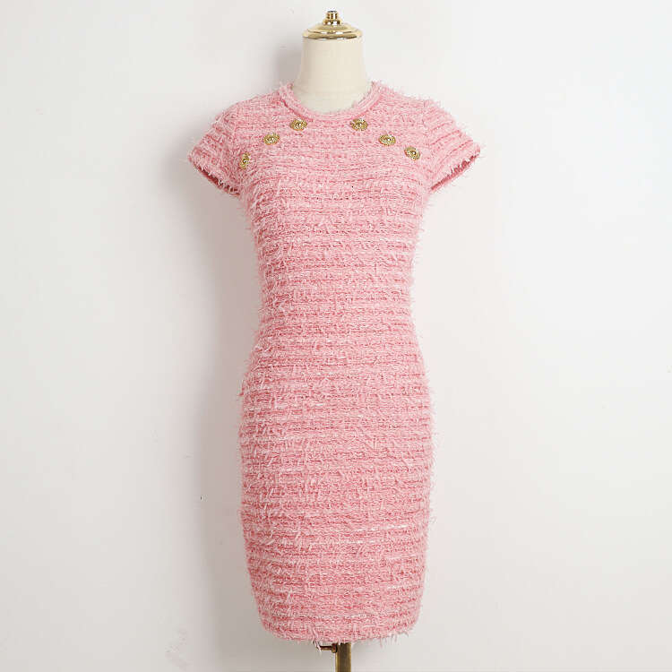 Designer women's elegant and k30 exquisite socialite tweed with metal buttons round neck mid length knitted dress