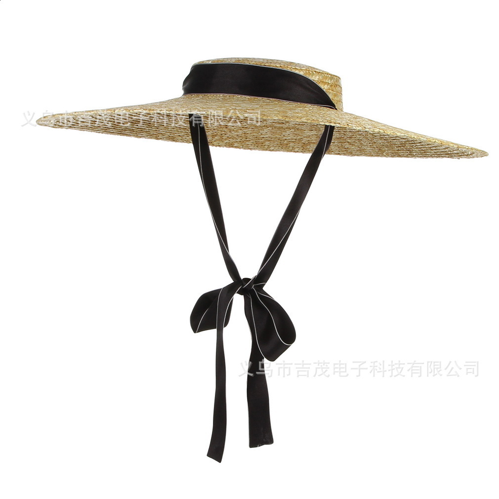 Vintage Large Brim Straw Hat for Women Flat Top Summer Beach Cap Shallow Crown Boater Sun Hats Ribbon Tie Wicker Hat 220601