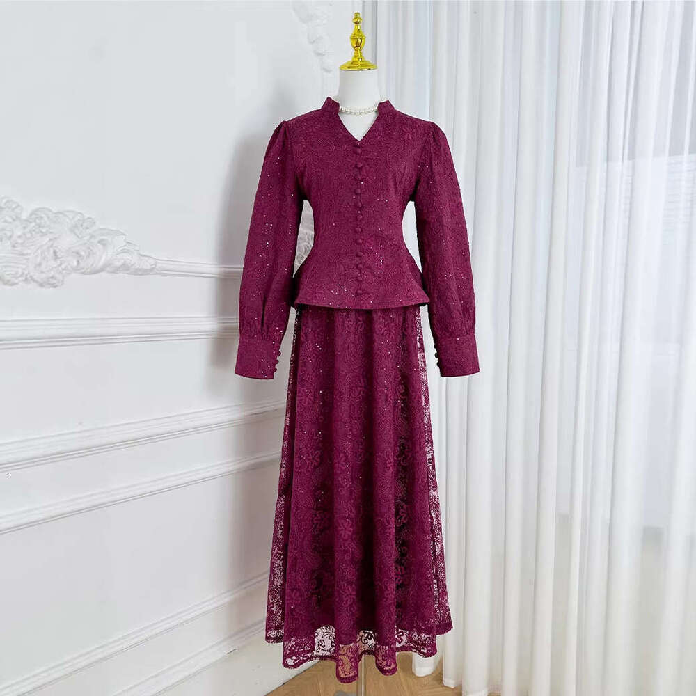 2026 A14 Spring and Summer New Designer French Slimming Beaded Strap V-neck Shirt and Skirt