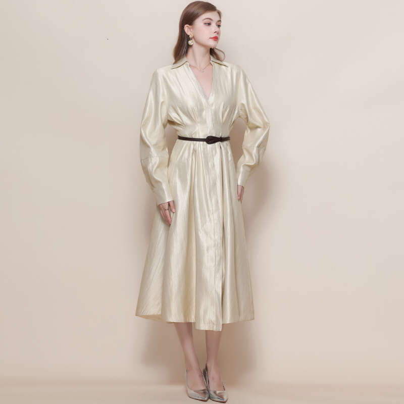 Designer French B15 luxury socialite waist cinched slim fit long sleeved V-neck windbreaker dress elegant women's mid length skirt