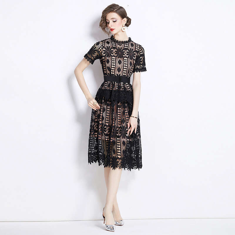 Designer retro palace k30 style short sleeved round neck waist slimming A-line crochet hollow lace elegant dress