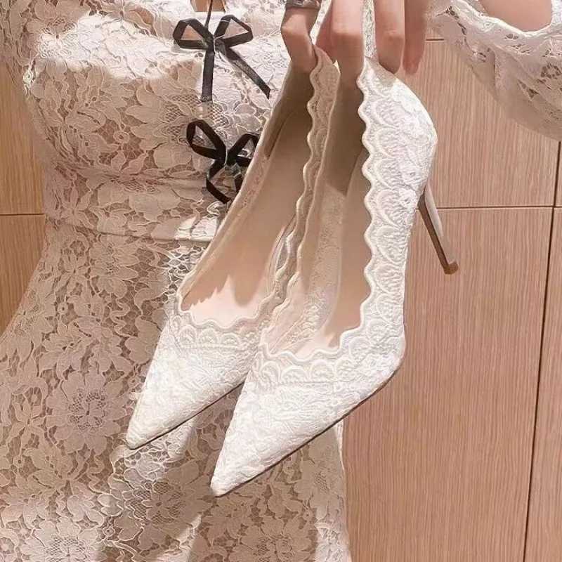 White Wedding Shoes Bridal Shoes Design Sense Niche Lace Pointed Stiletto Heel Shallow French High Heels Female Temperament C260321