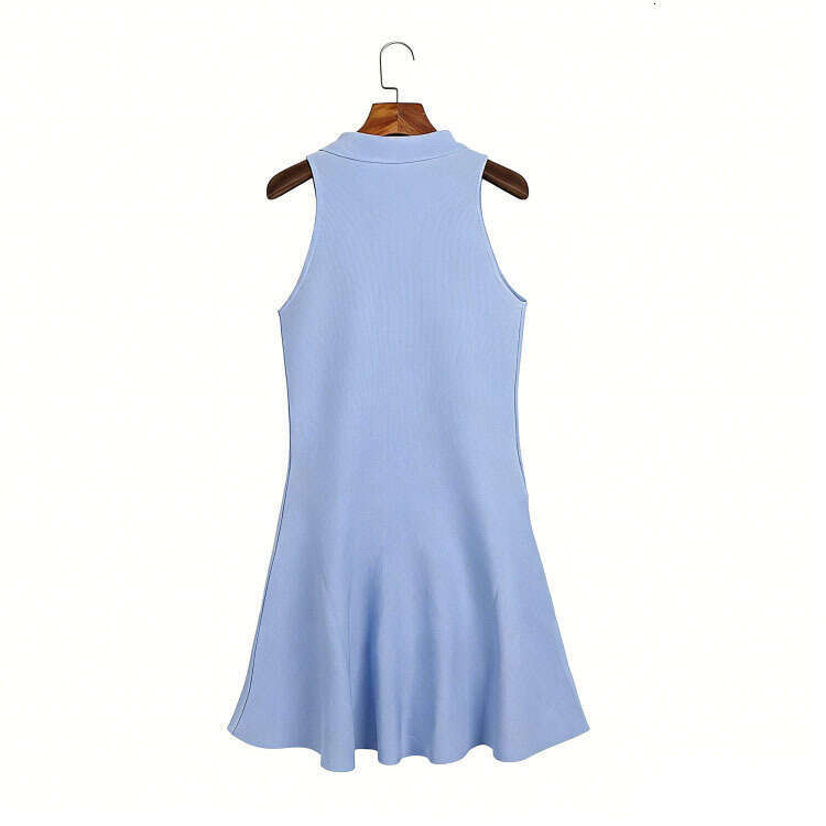 A12 Designer's new sleeveless knitted dress with fold over collar, metal single breasted waistband, A-line skirt