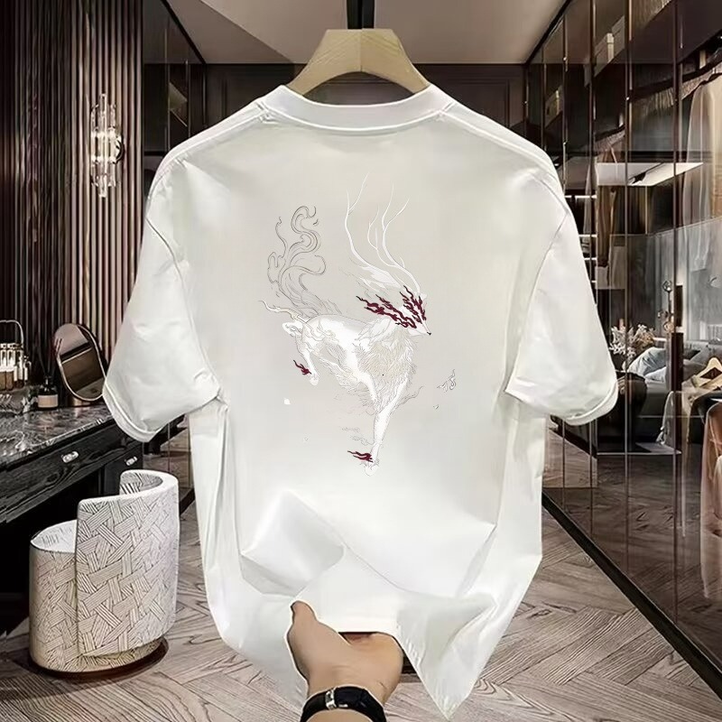 European fashion trendy brand light luxury men's T-shirt with short sleeves, unicorn print, Chinese style, round neck, loose fit, half-sleeve tee