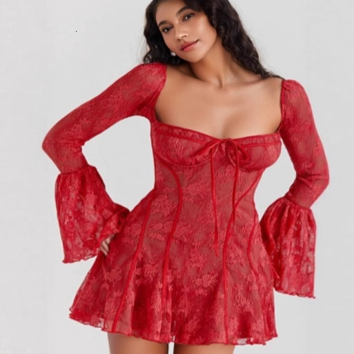Autumn Designer Dress New Women's Fashion Elegant Slim Lace Flare Long Sleeve Tie A-line Dress
