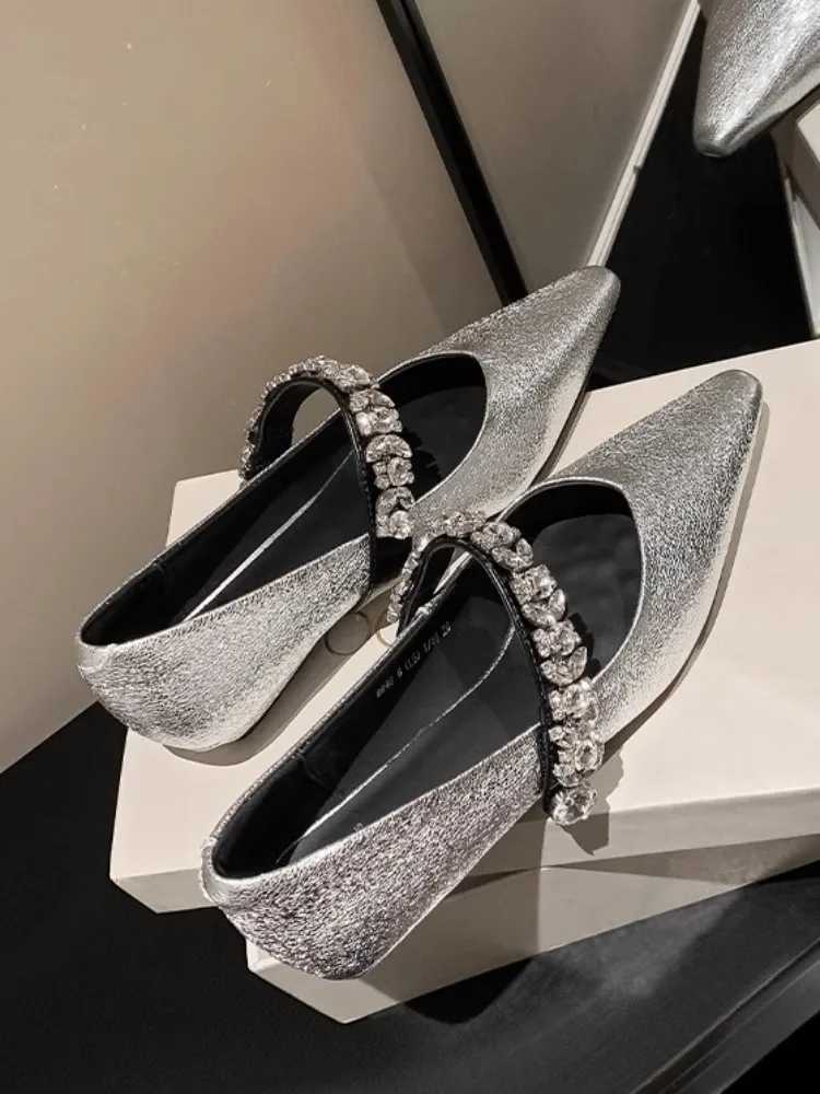 Diamonds Women Pumps 2024 New Spring Summer Split Leather Fashion Versatile Pointed Toe Shoes Elegant Office Ladies Flat Shoes C260321
