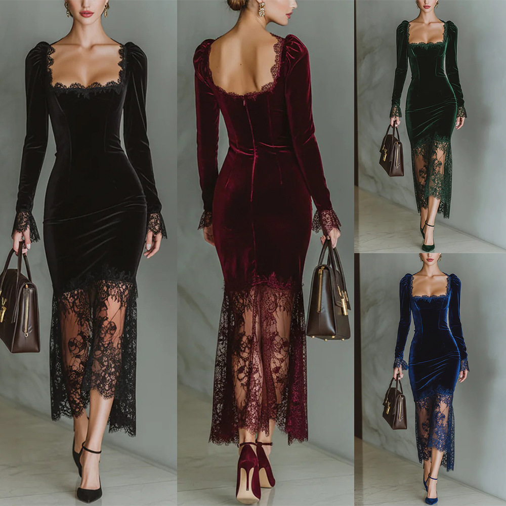 Independent Website Designer Dress European And American Women's Clothing French-style Evening Dress Elegant Lace Patchwork Dress For Women