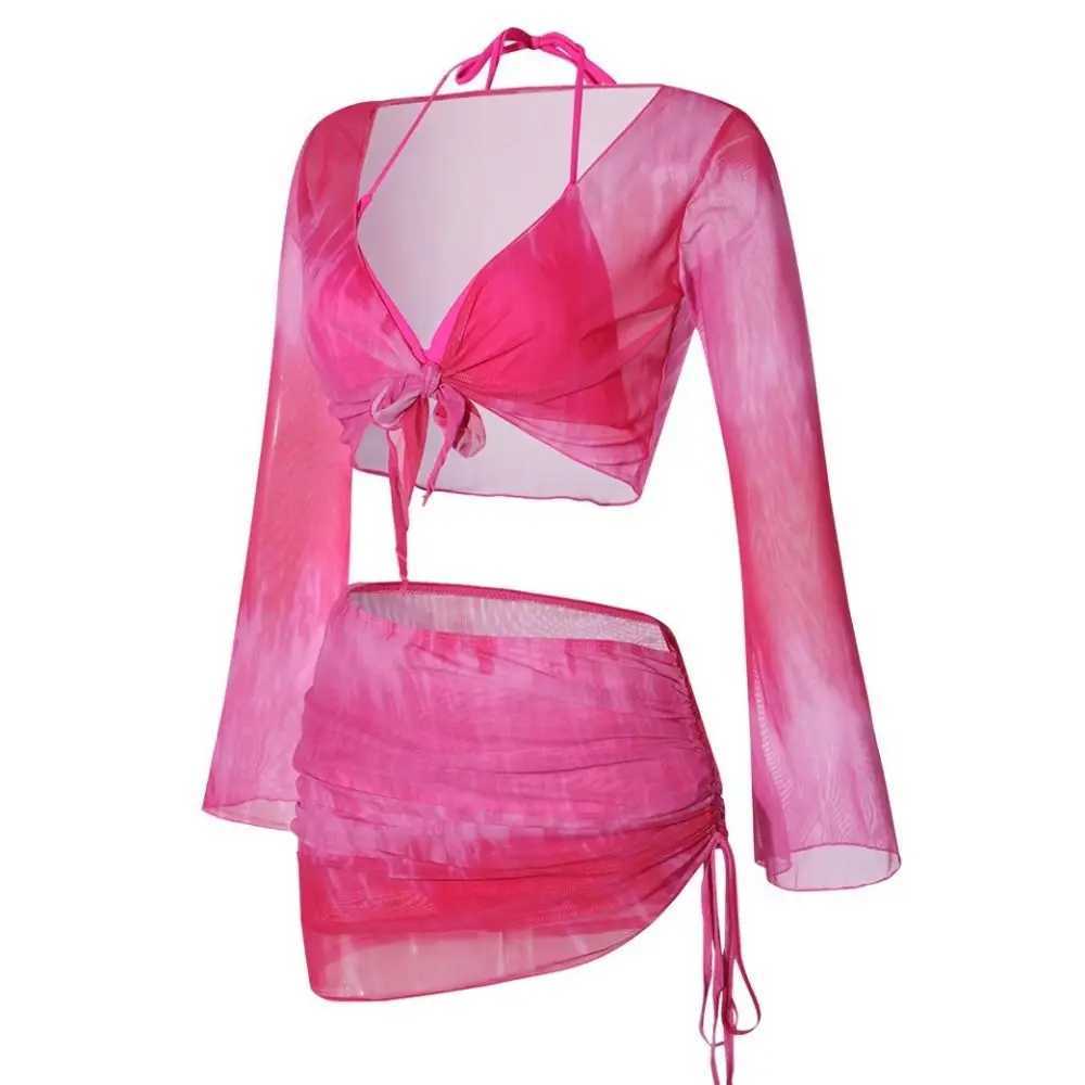 Tie Dye Bikini Set Mesh Long Sleeve Pleated Skirt Bathing Suit Drawstring Mini Skirt 4 Piece Set Swimsuit Set Pool Party M260321