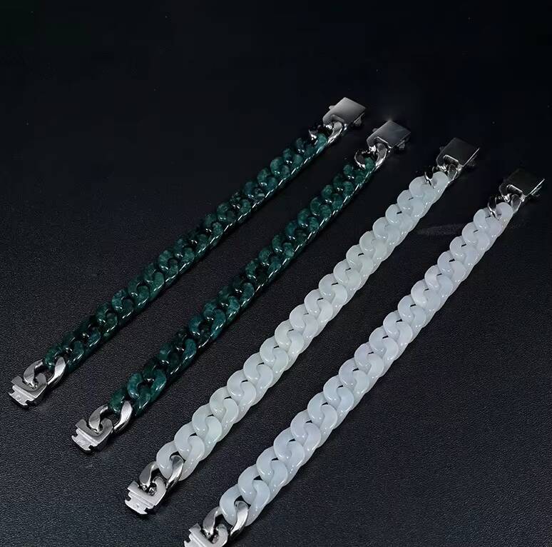 Natural Blue Jadeite Cuban Chain Link Bracelet Handmade Blue Jade Hip Hop Jewelry for Men Women Wholesale Fashion Accessory