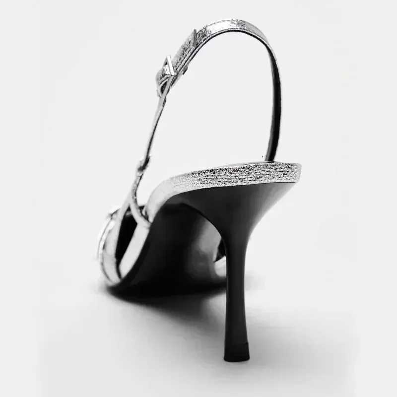 Silver Mules High Heels Women Sexy Pointed Toe Slingbacks Thin High Heels Sandals Elegant Metal Design Women Pumps C260321