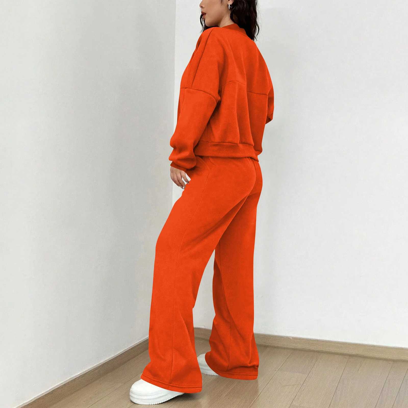 Women Fashion Solid Color Lapel Zipper Short Sleeve Coat Wide Leg Pants Two Piece Set Leisure Style Loose Comfy Sports Suit X260321 - view 4