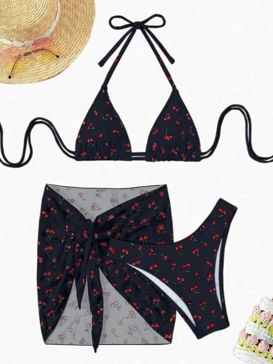 With Mesh Skirt Cherry Printed Bikini Female Swimsuit Women Swimwear Three Pieces Bikini Set Halter Bathing Suit Swim Beachwear M260321