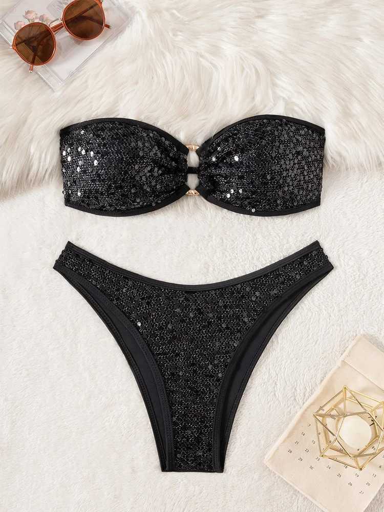 Vzvn 2026 New All Season Backless Bikinis Sexy Strapless Sequins Bikinis Set for Women Split Swimsuit Beach Bikini 2 Piece Set M260321