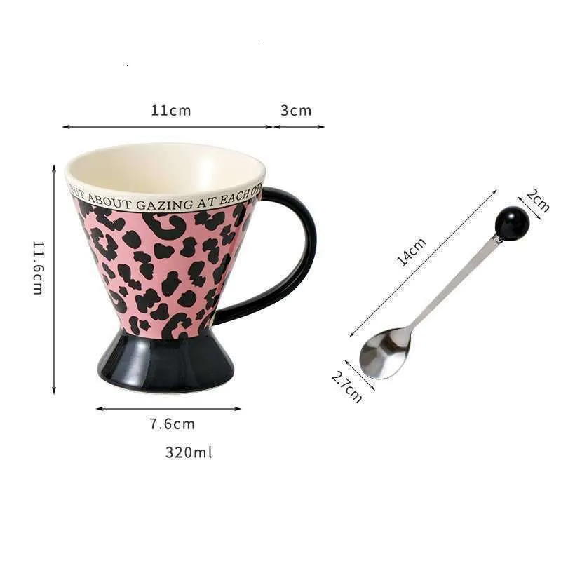 Quirky Personality Pink Leopard Print Heat-Resistant Large Diameter Latte Art Ceramic with Spoon Abstract Women's Vintage Coffee Cup