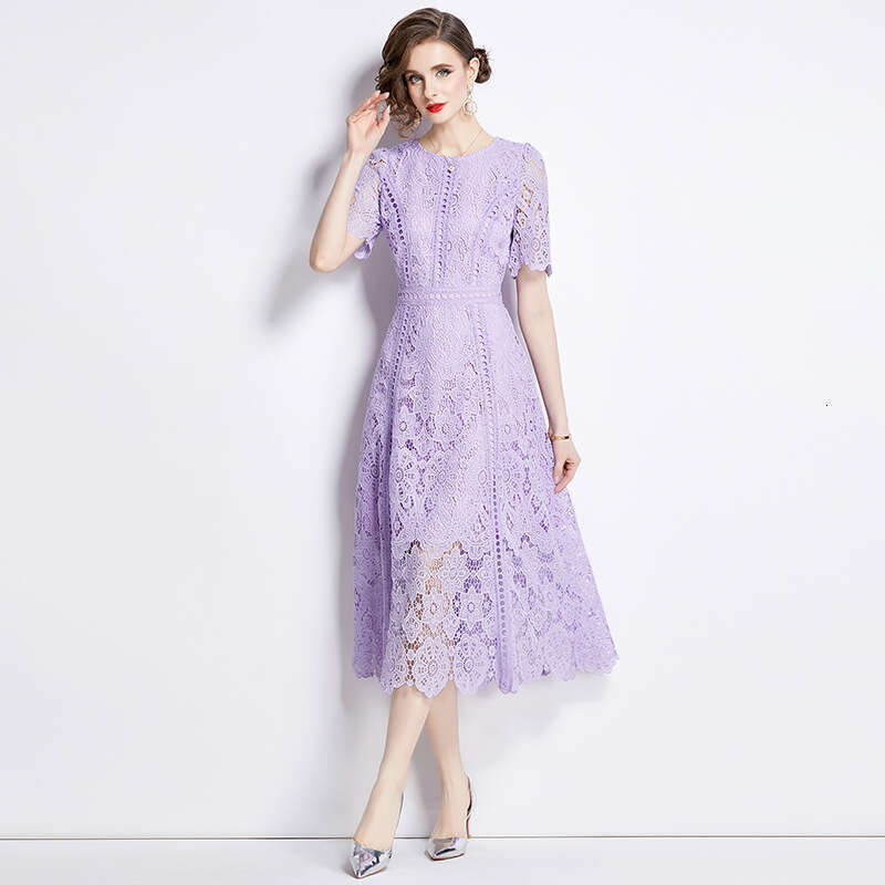 Summer new women's short sleeved lace dress, mid to long hook shaped hollow B15 out purple high waisted A-line dress, 2026