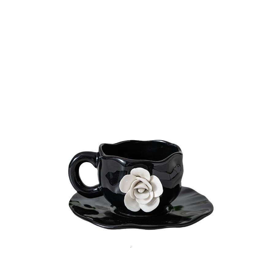 French Camellia Ceramic Mugs 3D White Rose Breakfast Milk Coffee Cup Saucer Set High Quality Kitchen Drinkware