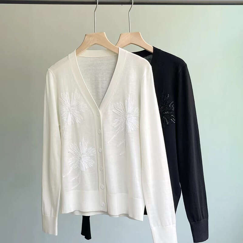 2026 designer embossed sequins new mulberry S6 silk wool knitted sweater V-neck long sleeved pearl embroidered thin cardigan