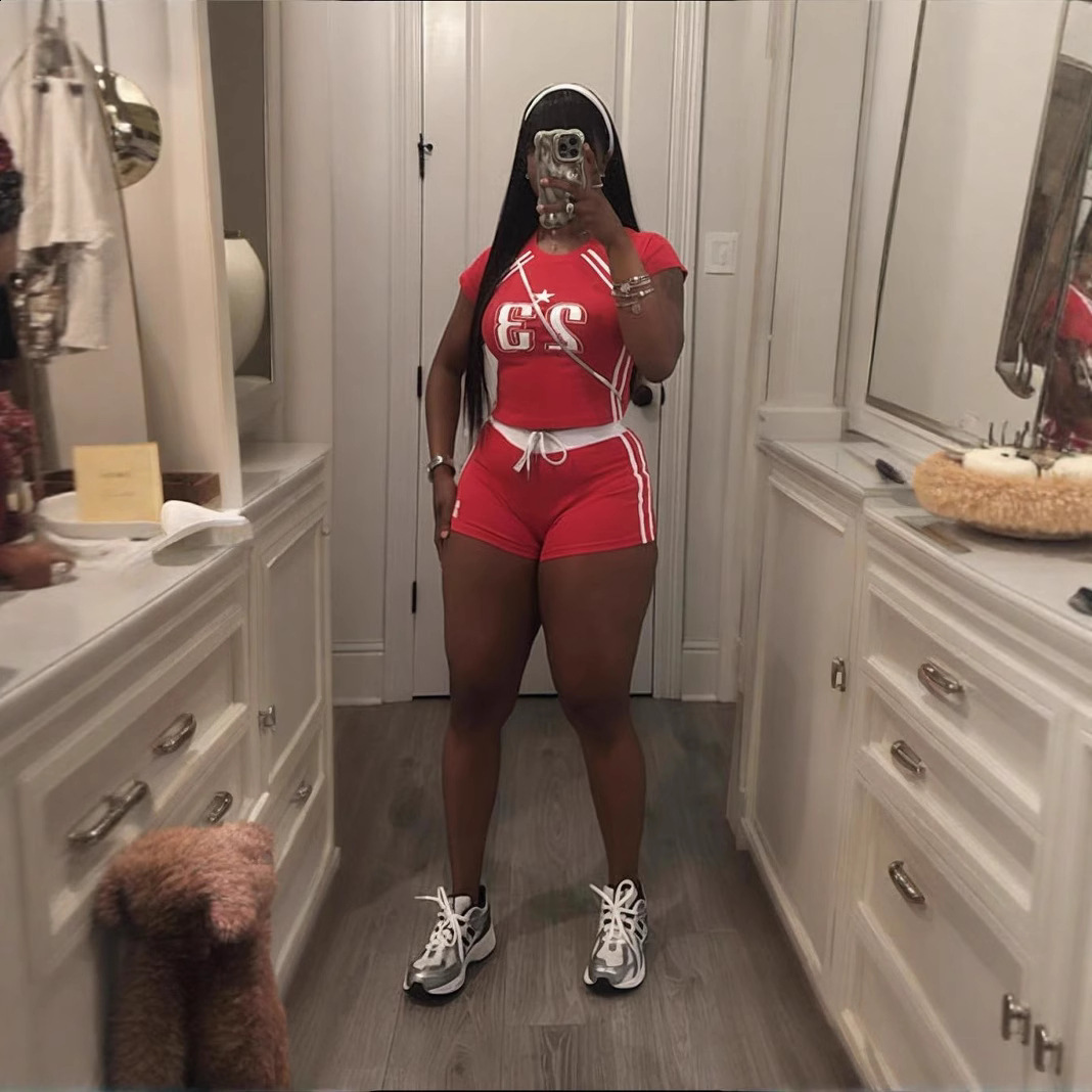 Retro Casual 2 Piece Sets Womens Outfits Spring Summer Digital Print Turn Down Collar Short Top Ribbed High-waisted Shorts Sets 250414