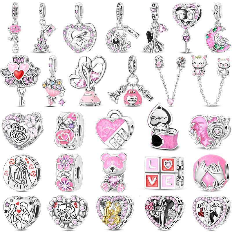 Ciondolo Luminoso In Argento Sterling 925 Con Ciondolo Serie Amore Rosa, Cubo D'amore, Piccolo Orsetto, Braccialetto Originale, Gioielli Da Sposa Ro-image