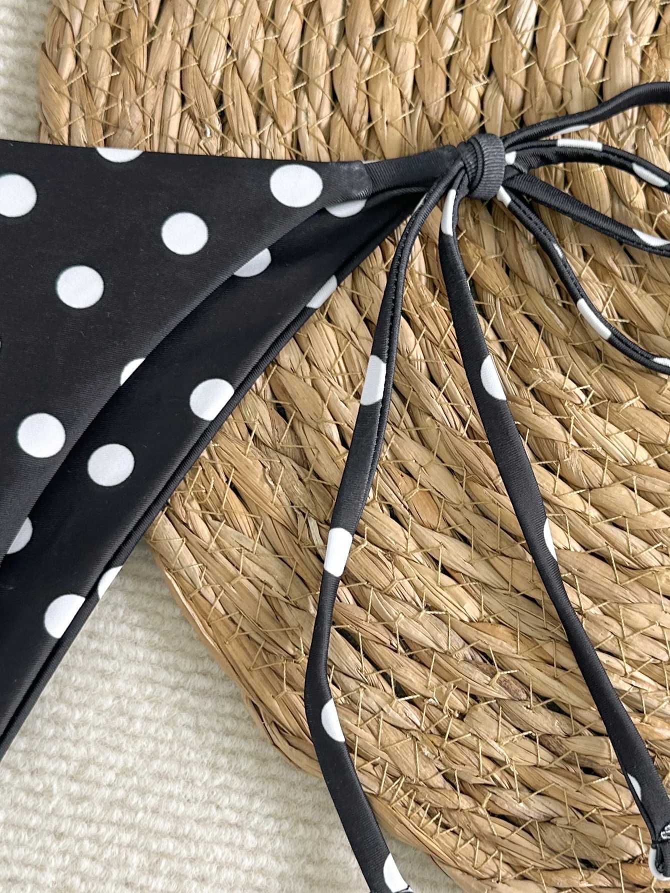 Womens Swimsuit Set Bikini Two-Piece Swimsuit Beach Vacation Swimwear Black and White Polka Dot Print Tie-Up Triangle Bottoms Halter Neck Triangle Bag
