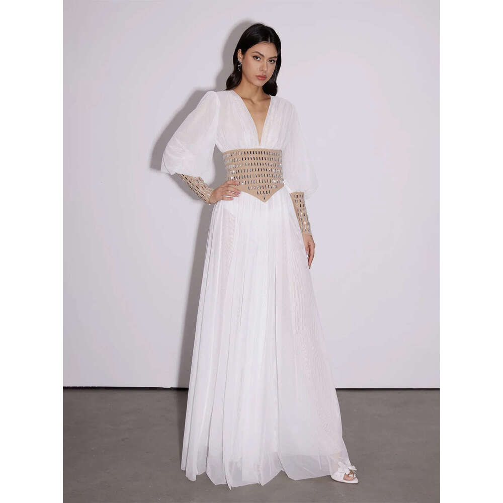 2026 Spring New Designer Bohemian A4 Style V-neck Hollow Lantern Sleeve Waist Fashion Long Dress