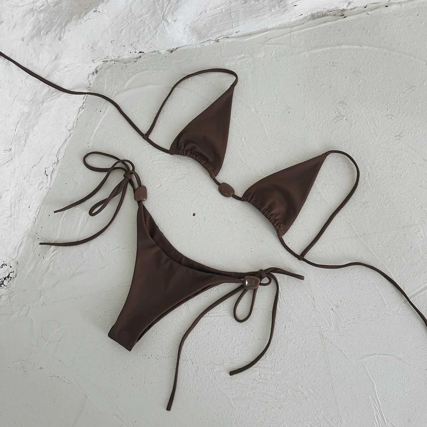 Sexy Bikini Women Swimsuit Female Swimwear Bandeau Biquini Thong Bathing Suit Shiny Swimming Suits Halter Bodysuit Beachwear M260321