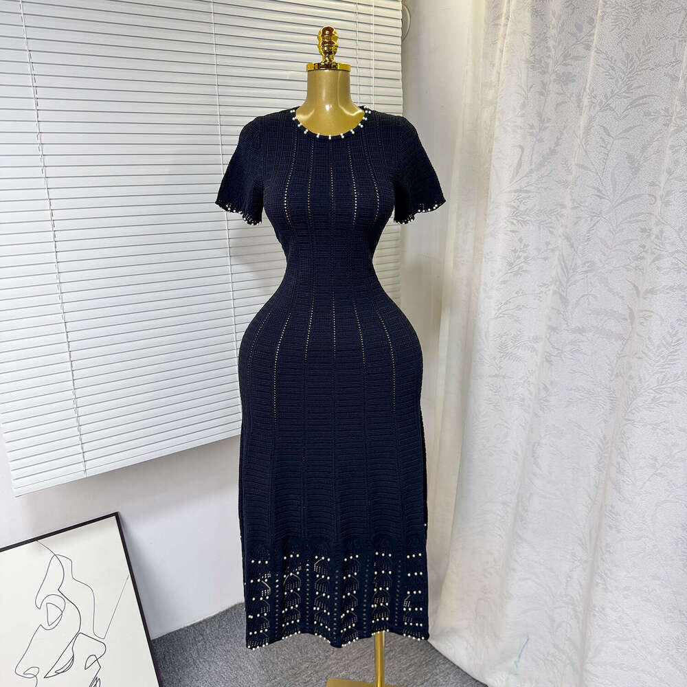 2026 S6 Summer Designer Elegant Round Neck Bead Decor Hollow out Slimming Fashion Women's Short Sleeve Knitted Dress