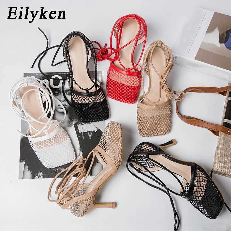 Eilyken Fashion Hollow Breathable Mesh Square Toe Stiletto High Heels Women Pumps Ankle Lace-Up Elegant Dress Ladies Shoes C260321