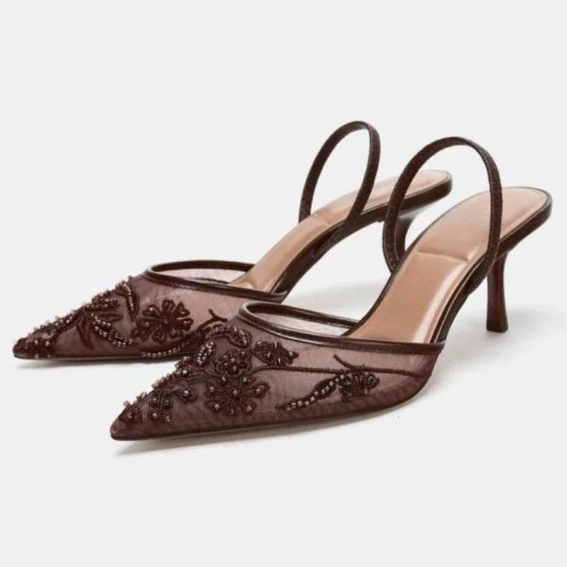 Sexy Pointed Toe Mesh Embroider High Heels for ladies Elegant String Bead pumps Summer Designer Shoe Brown Heeled Sandals C260321