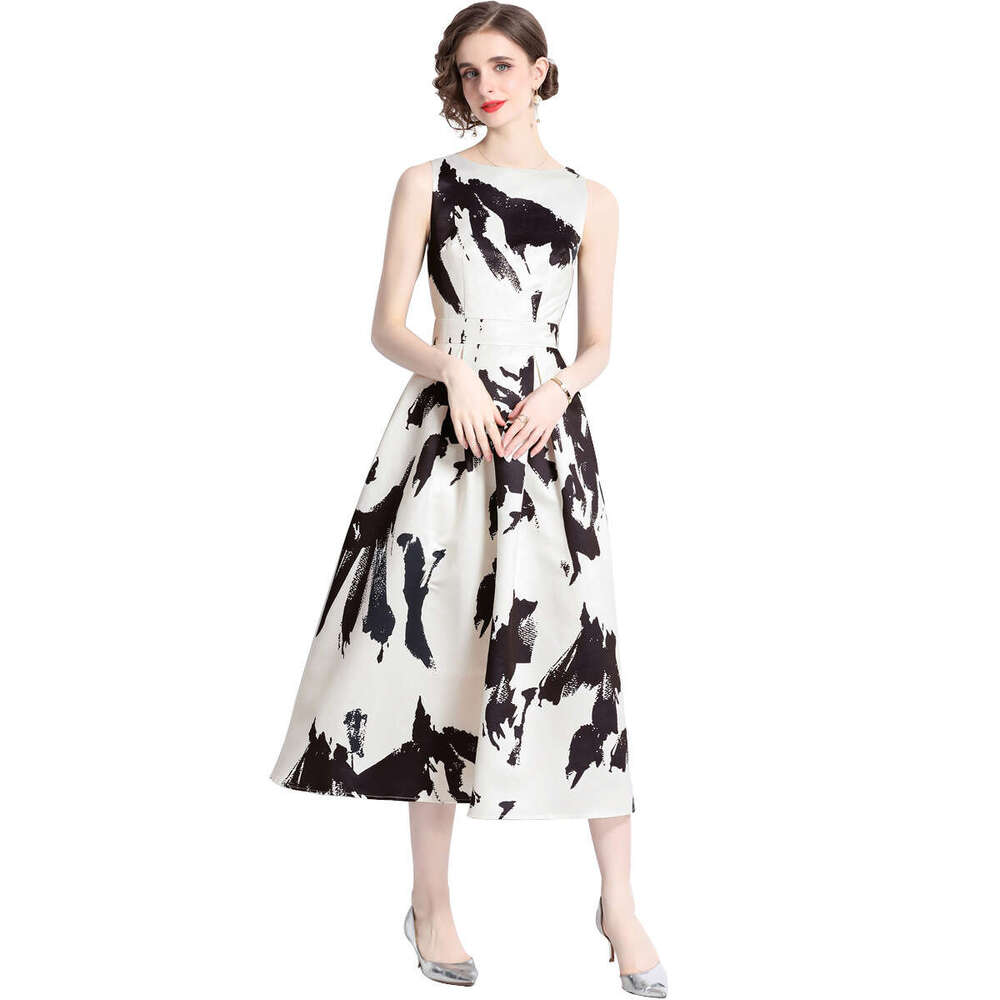Summer new product: Ink art print round-neck sleeveless high-waisted A14 A-line Korean-style slimming dress for women with a flared skirt