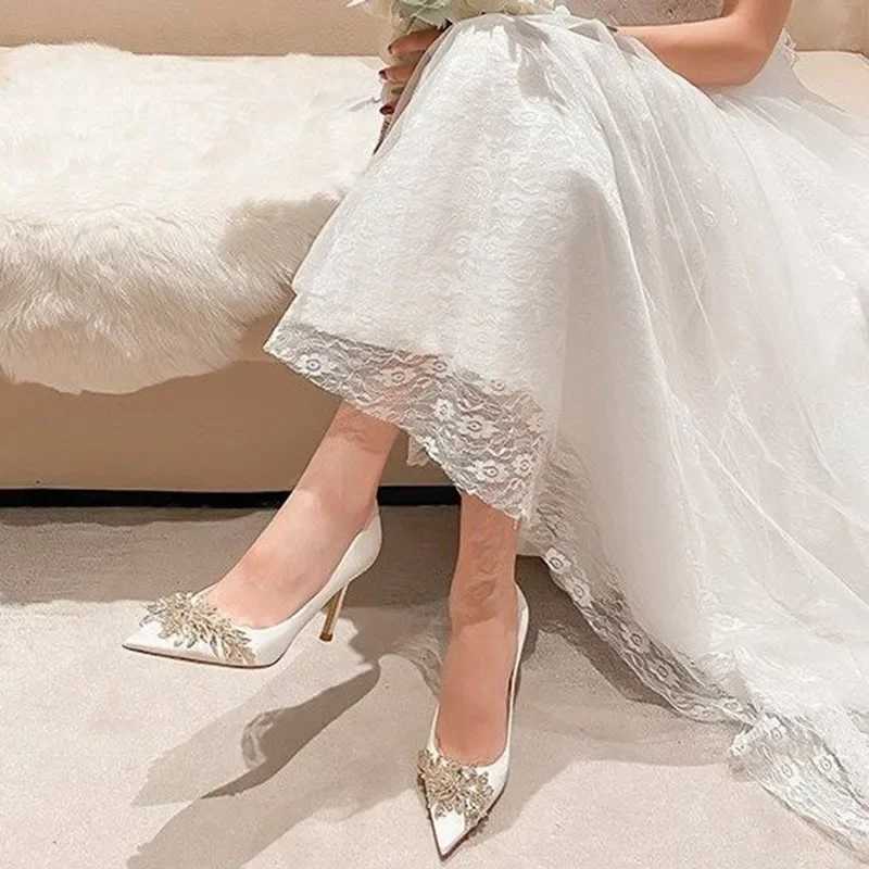 Satin Rhinestone Crystal Shallow Pumps Stiletto High Heel Fashion Womens Spring White Women Bridal Wedding Dress Heels Women C260321