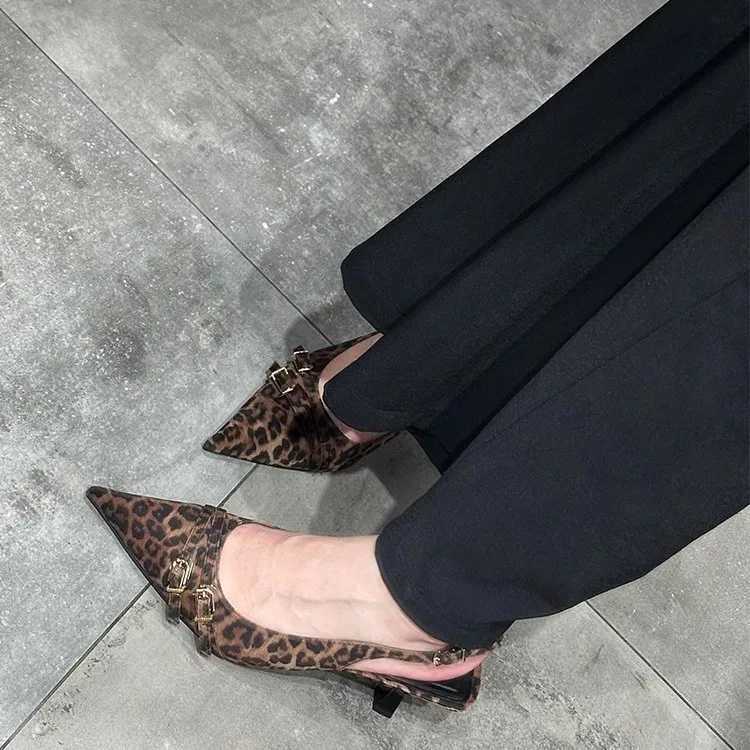 Ladies Pointed Toe Slingback Sandals Sexy Leopard High Heels Summer Women Comfort Low Heel Office Pumps Elegant Dress Shoes C260321